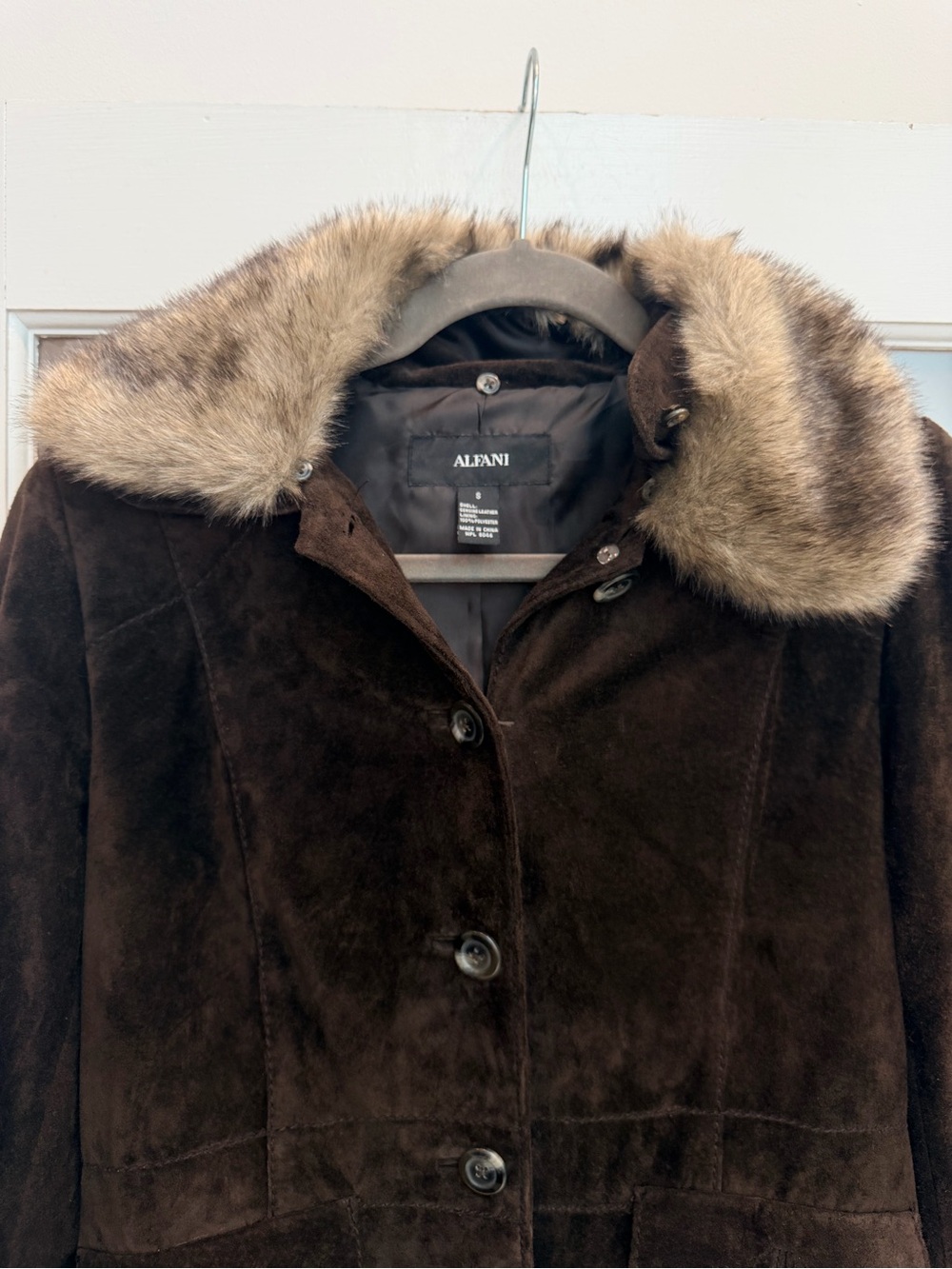 Vintage Alfani Y2K Chic Genuine Leather Brown Suede Jacket Faux Fur Collar Size - Picture 2 of 11